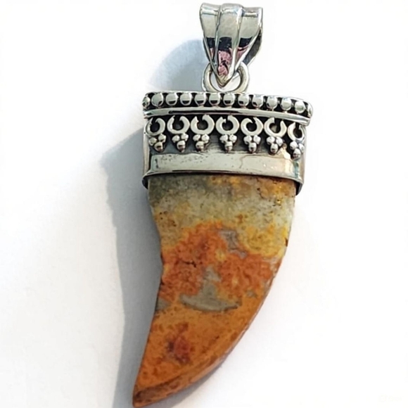 925 Sterling Silver Jewelry - Artisan Sterling Silver Earthy Stone Bumble Bee Jasper Horn Pendant Jeweley